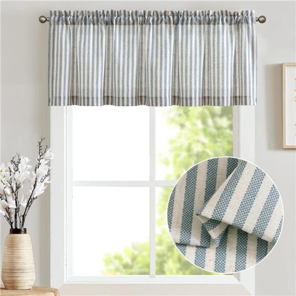 Valance Curtain Linen Textured Striped Window Curtain for Living Room Stripe - Picture 2 of 7